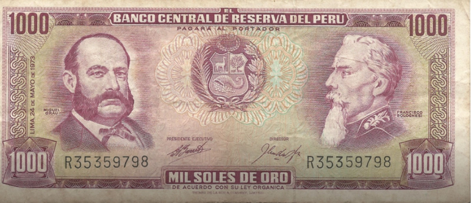 Billete de Perú de 1000 Soles de Oro, año 1971. APHE