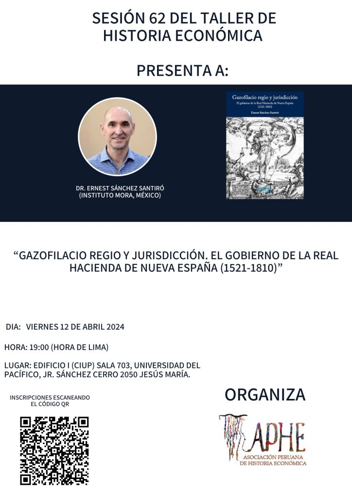 Edición 62 del Taller de Historia Económica de la APHE- Presentación del Dr. Ernest Sánchez Santiró (Instituto Mora).  Viernes 12 de abril a las 19:00 horas (Lima, Perú)