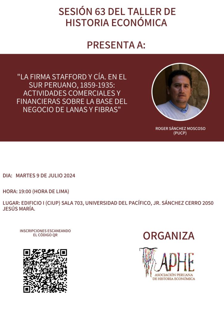Invitación a la Sesión Nro. 63 del Taller de Historia Económica-Presentación del Mg.Roger Sánchez Moscoso (PUCP). Martes 9 de Julio a las 19:00 horas (Lima, Perú)
